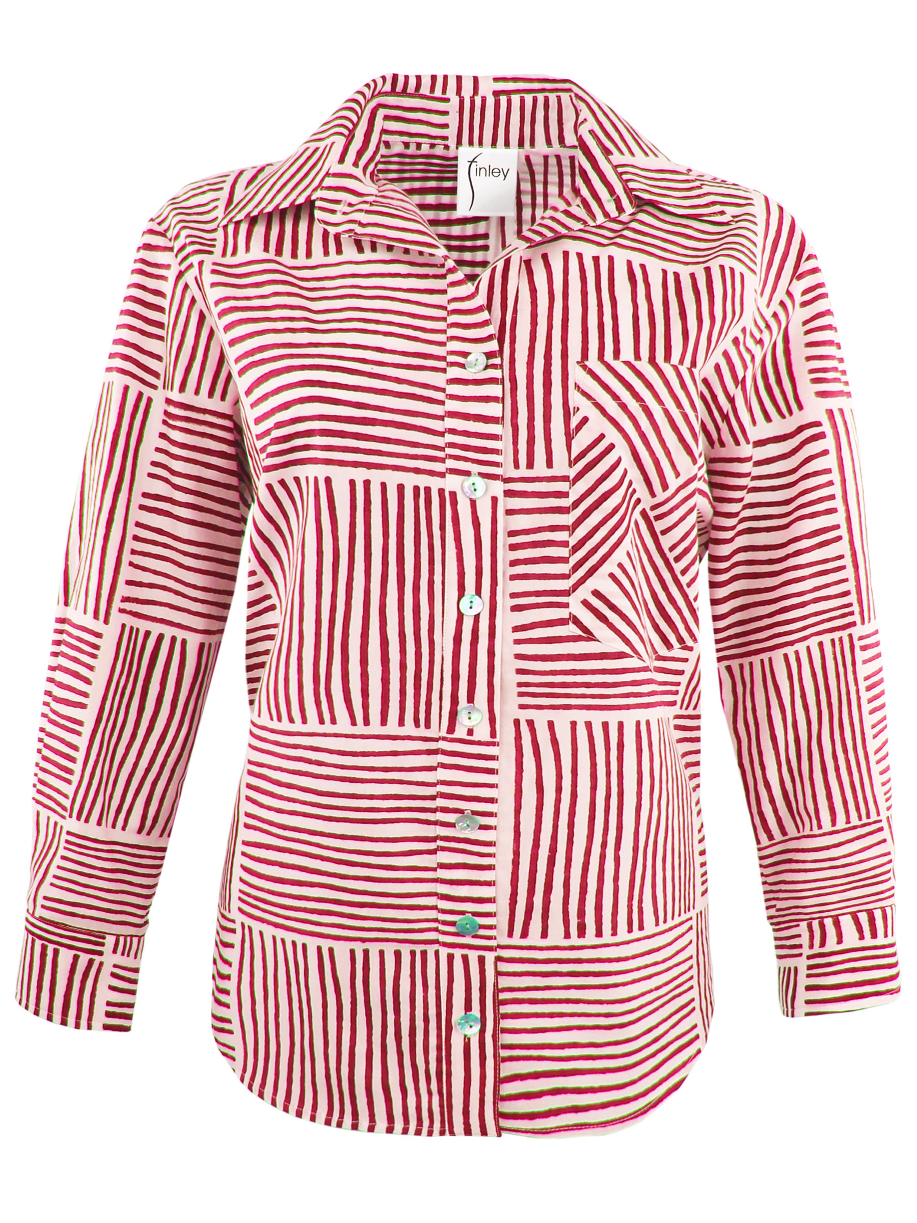 MENDED Andie Button Down Shirt Red Block Stripe Print Shirt