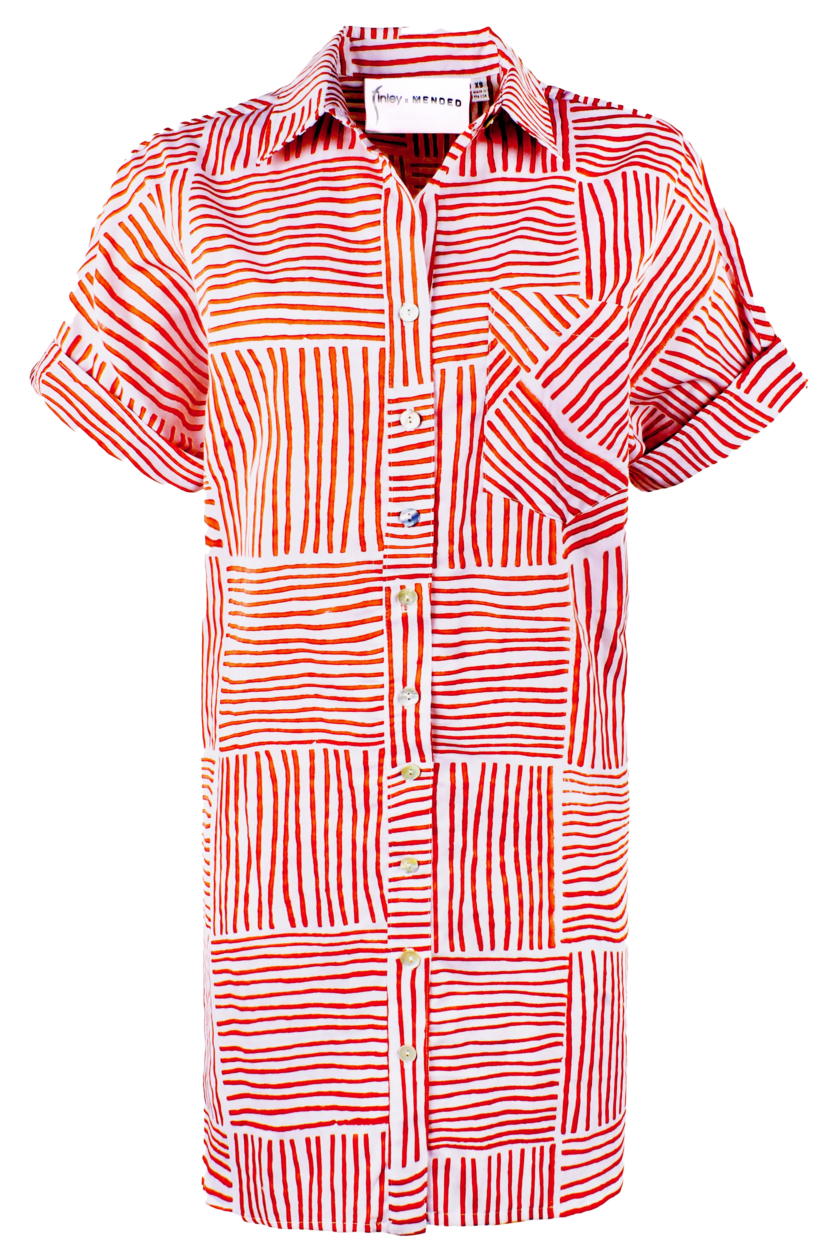 Red and white patterned shirt on a white background