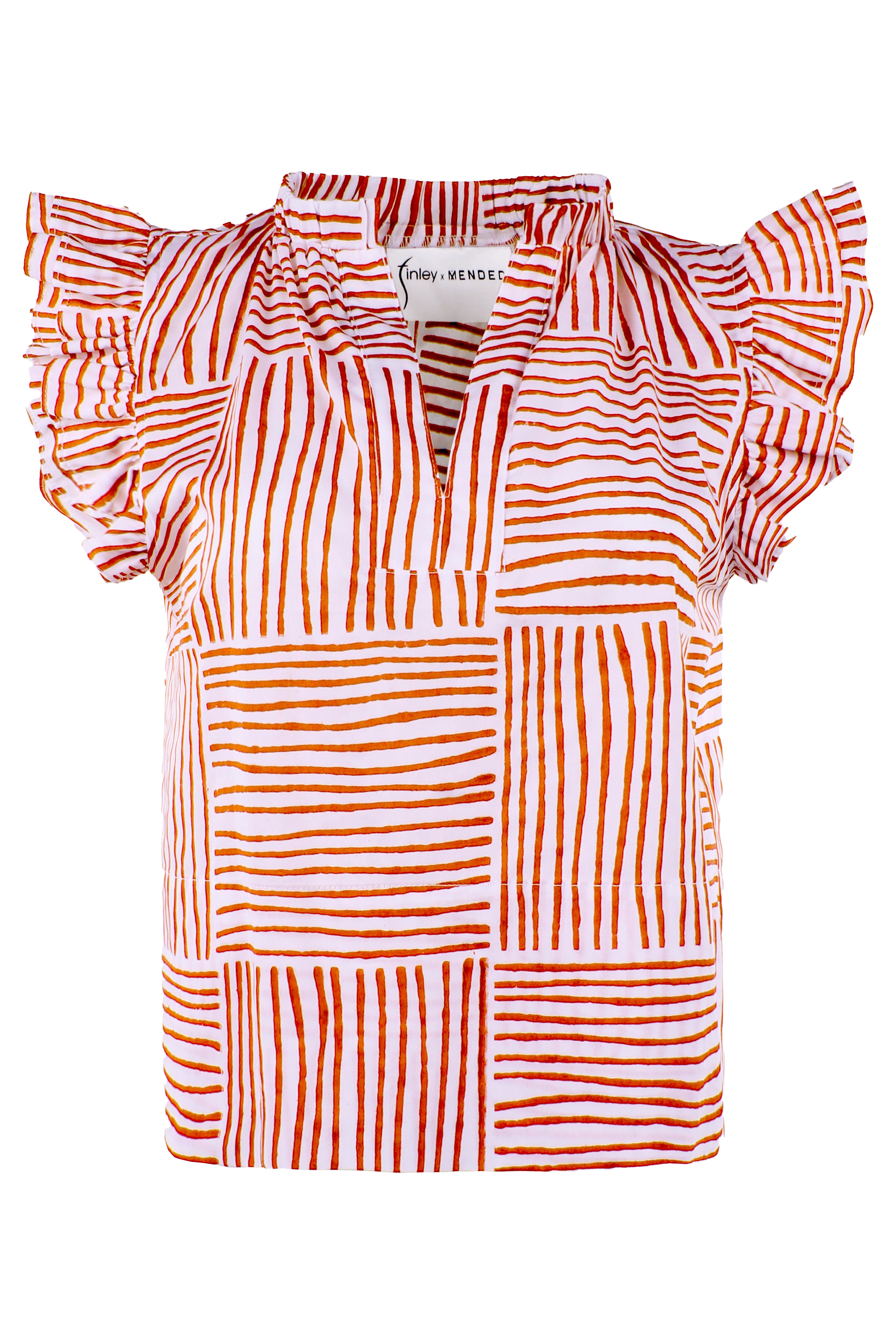 Orange and white striped blouse with ruffled sleeves on a white background