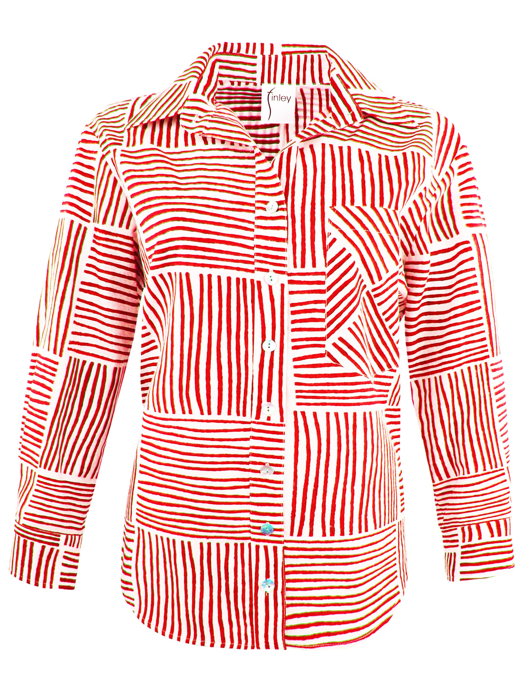 Red and white patterned shirt on a white background