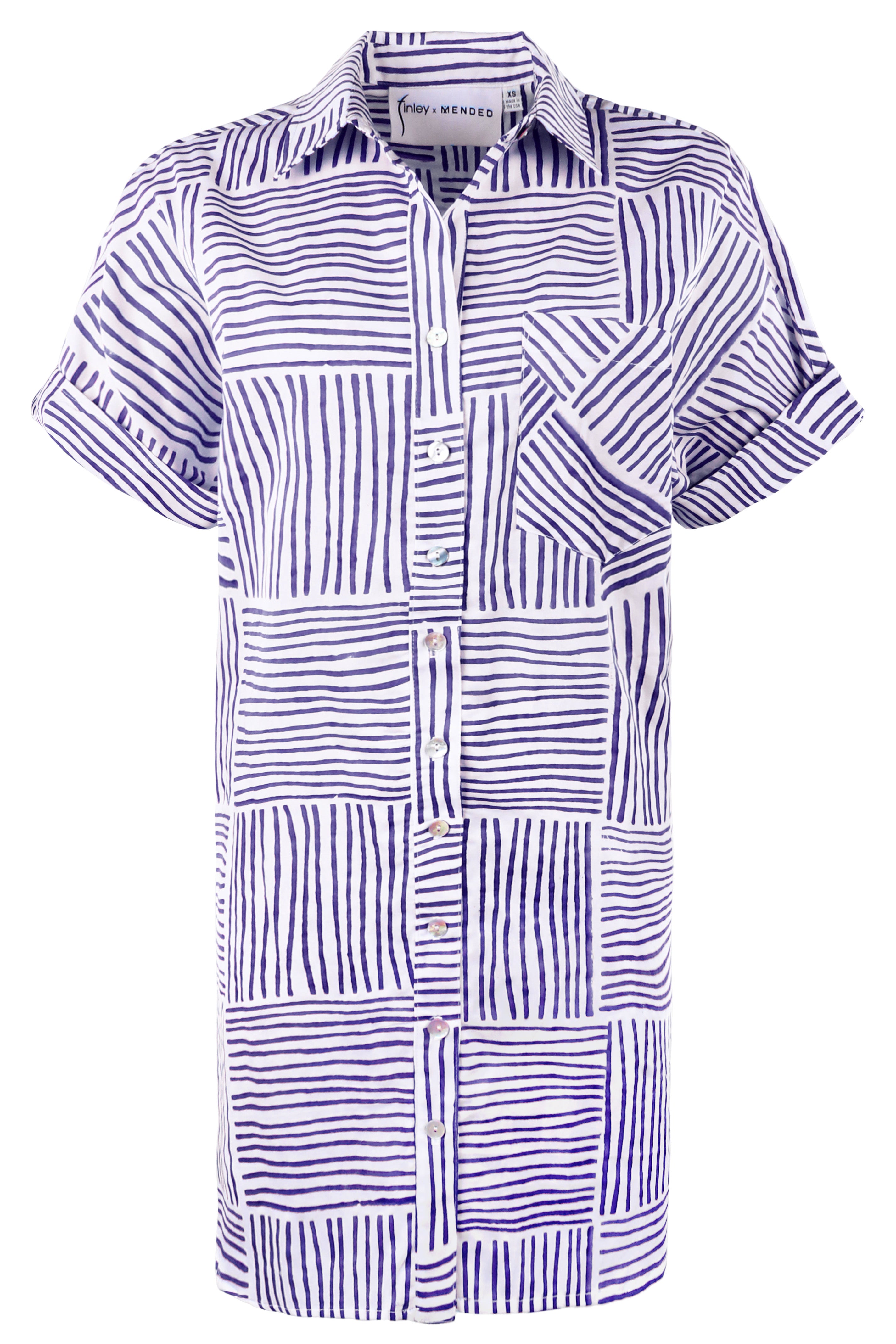 Short-sleeve shirt with a blue and white pattern on a white background
