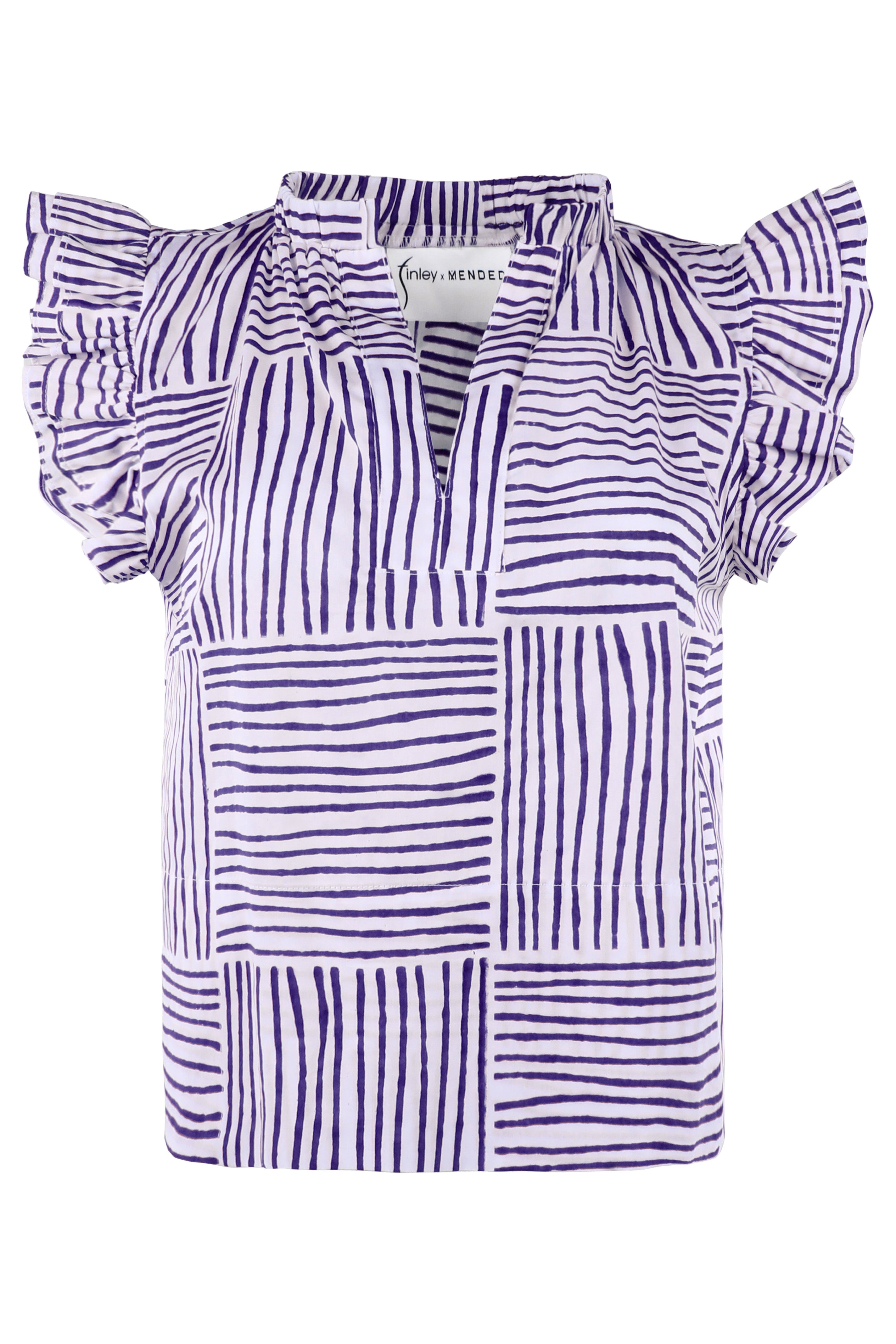 Purple and white striped blouse with ruffled sleeves on a white background