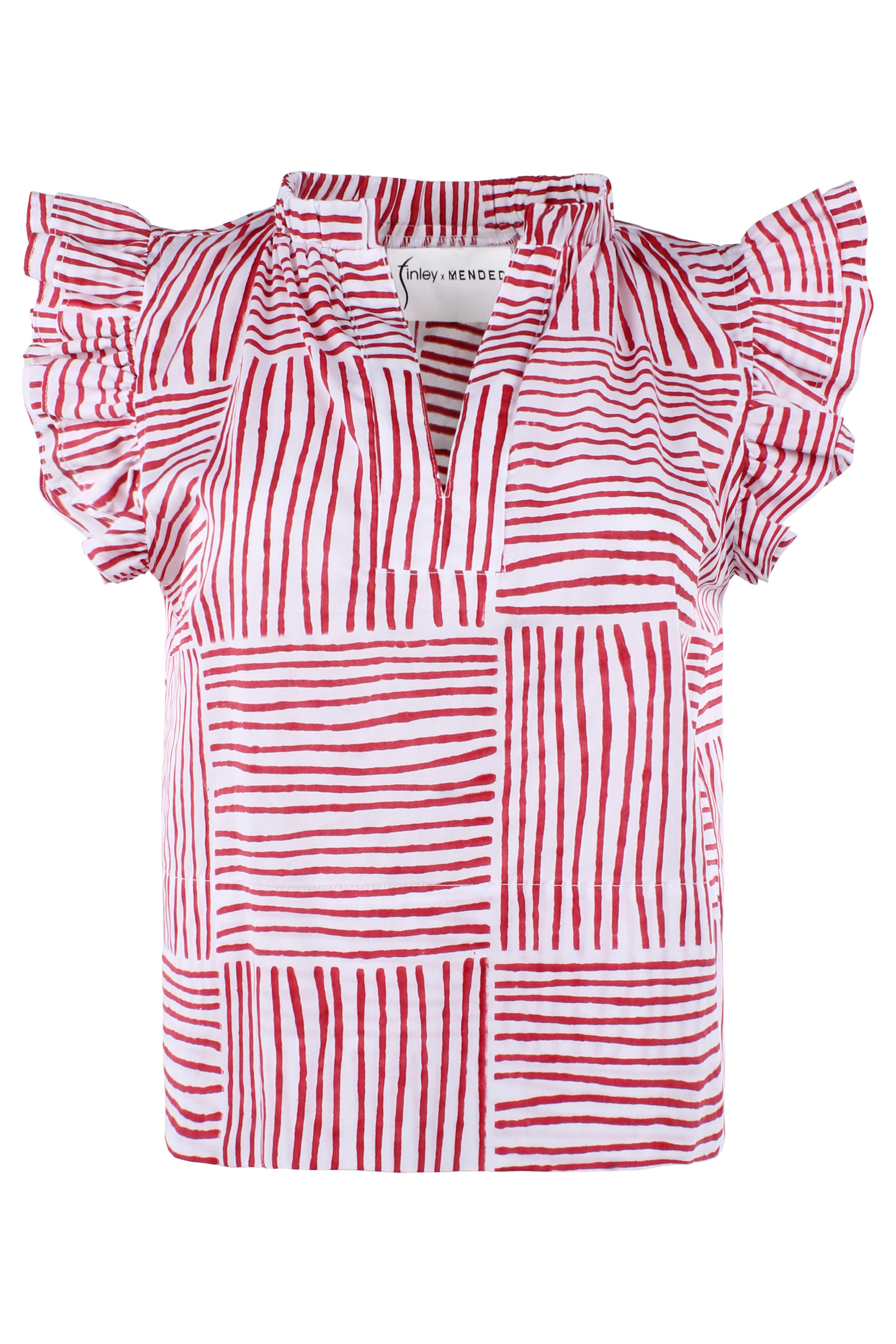 Red and white striped blouse with ruffled sleeves on a white background
