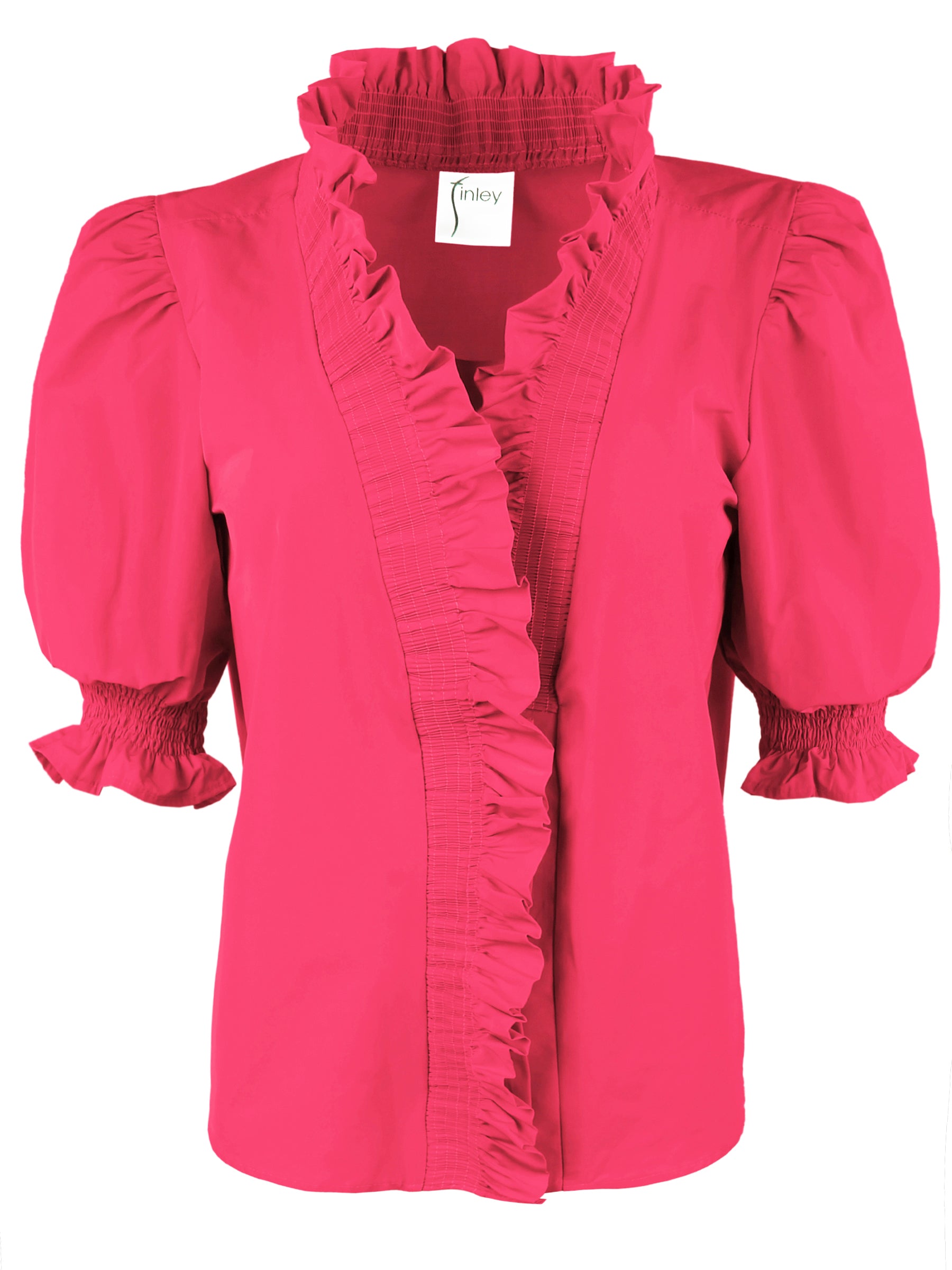 a front view of the Finley Cici blouse in fuchsia taffeta with a v-neckline, relaxed contour, and elbow puff sleeves.
