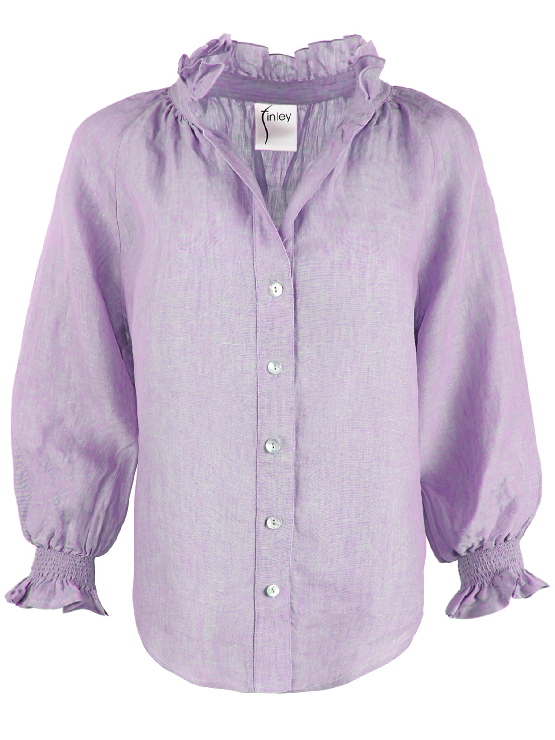 a front view of the Finley Fiona blouse with a ruffle collar, puff sleeves, button-down front, washed linen fabric, in lilac.
