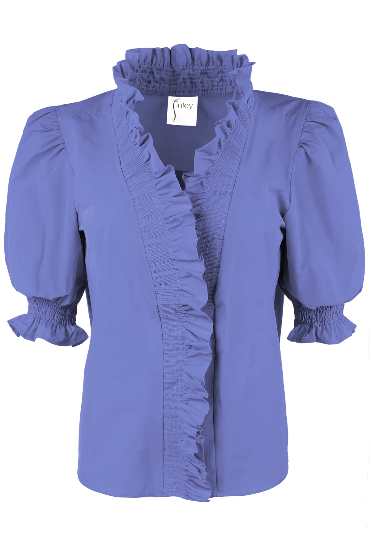 a front view of the Finley Cici blouse in periwinkle taffeta with a v-neckline, relaxed contour, and elbow puff sleeves.
