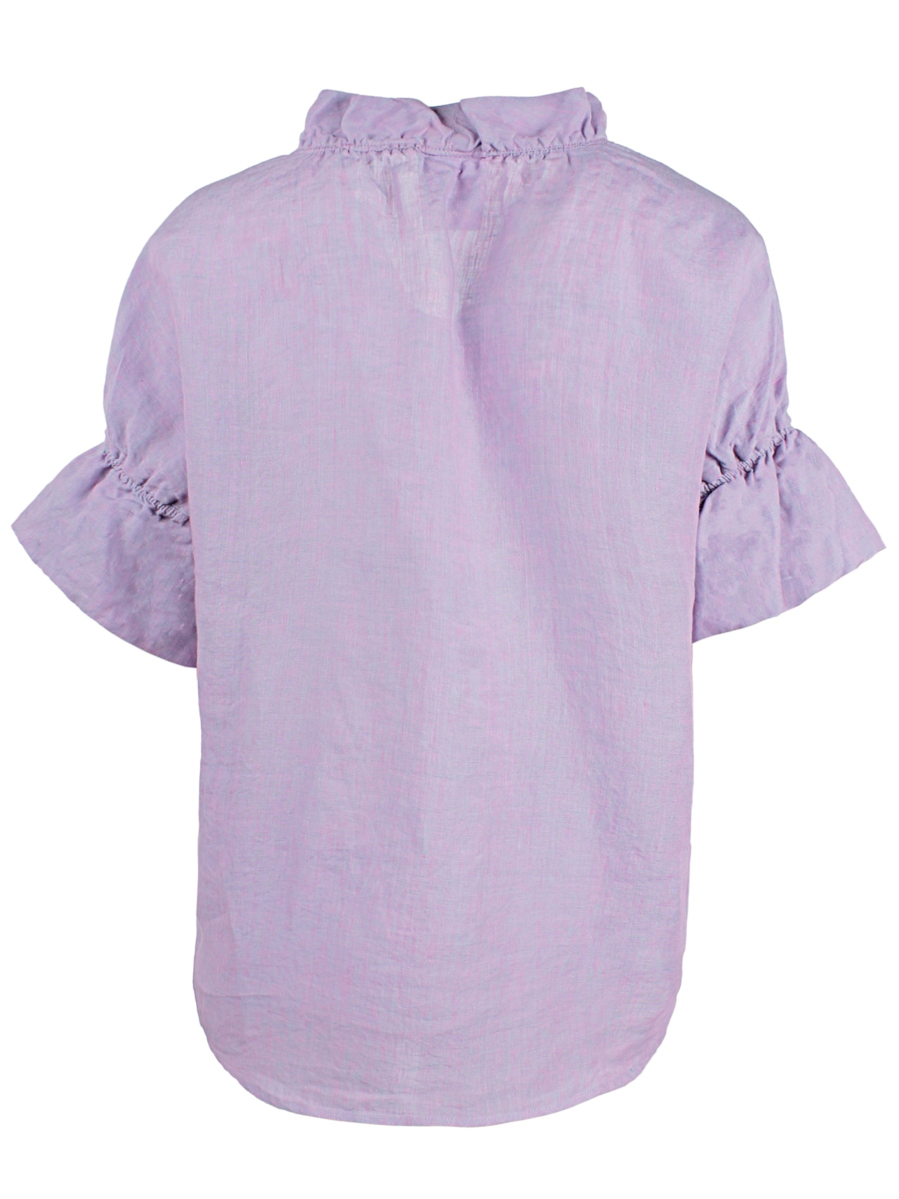 a back view of the Finley Crosby blouse with a popover design, washed linen fabric, lilac color, and ruffle collar & sleeve detail.
