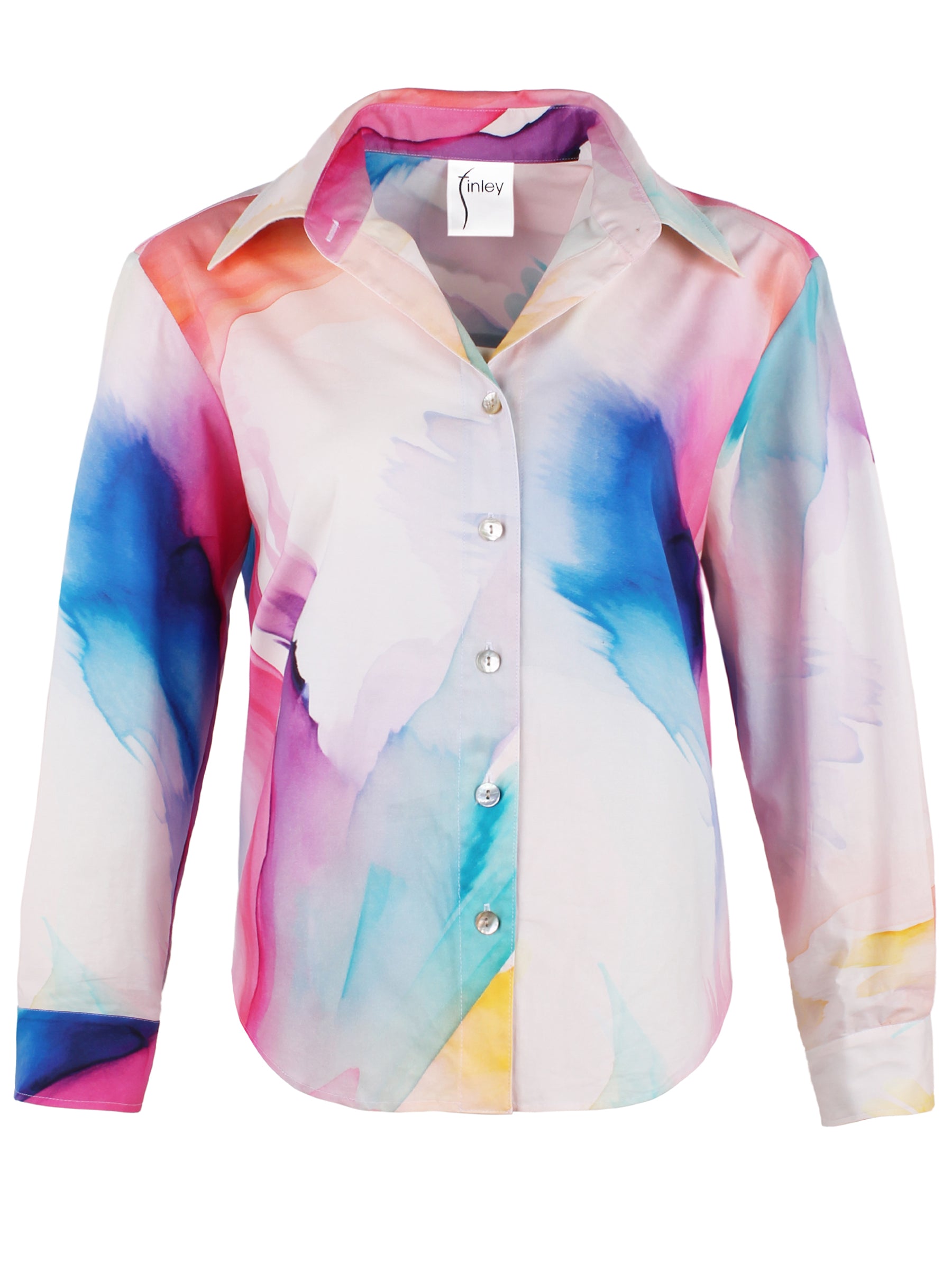 a front view of the Finley Andie blouse with a watercolor print, long sleeves, cropped length, relaxed fit, and chest pocket.
