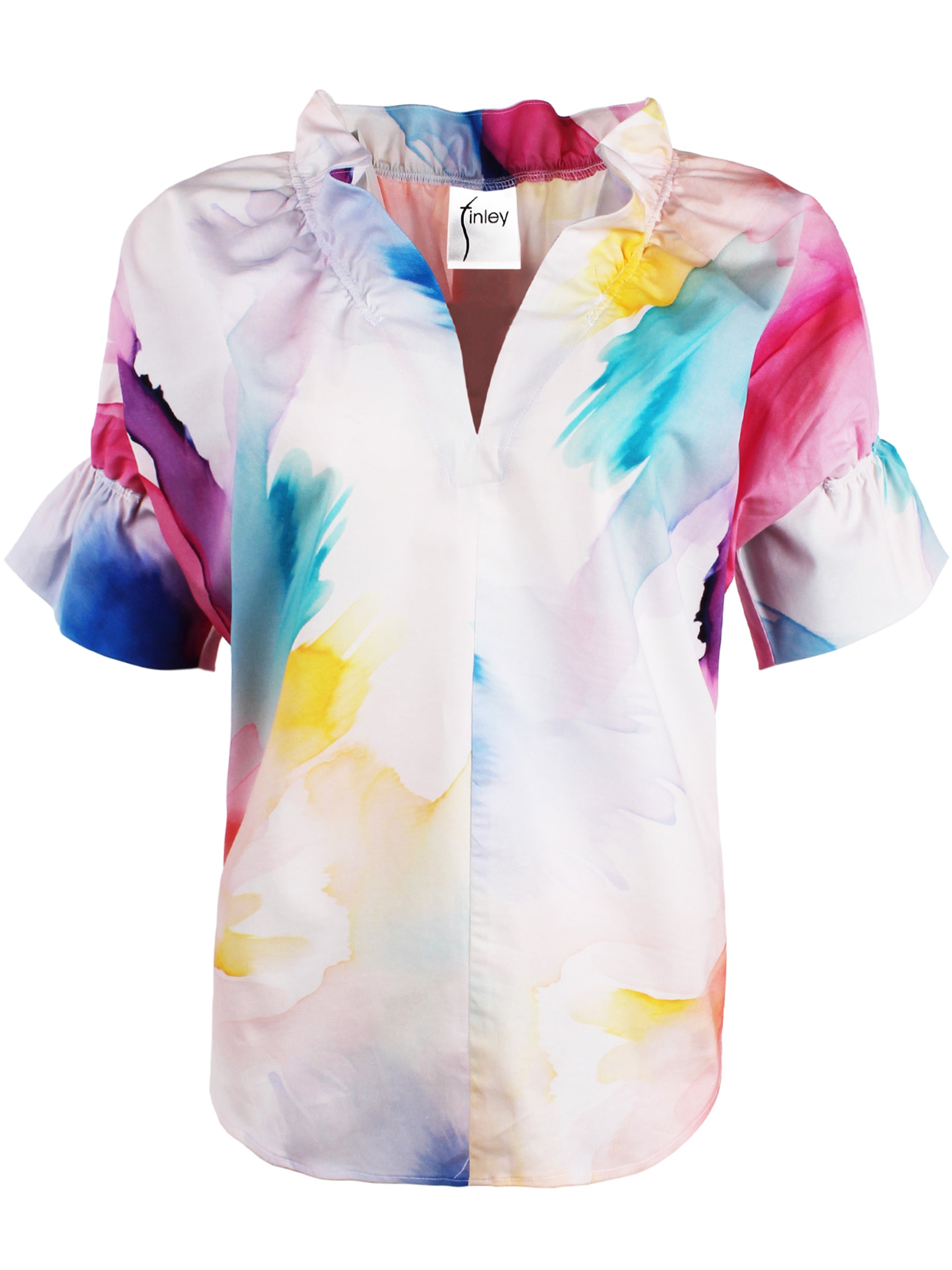 a front view of the Finley Crosby blouse with a watercolor print, relaxed contour, popover style, v-neck, and ruffle trim.
