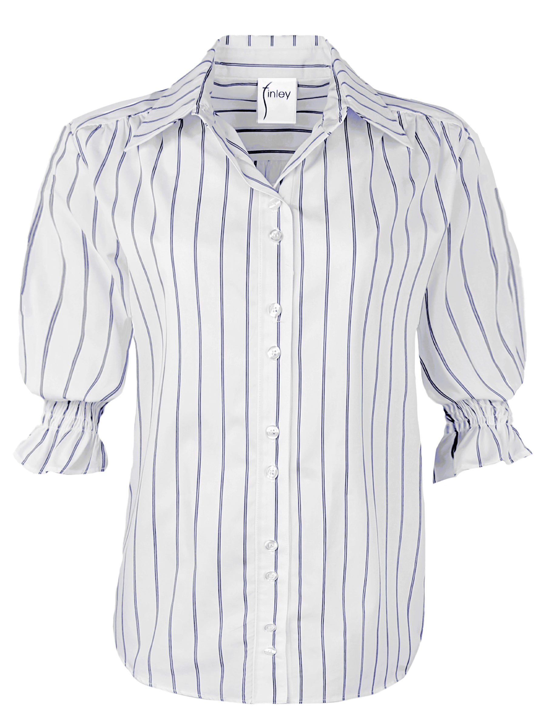 A front view of the Finley Sirena blouse, a blue pinstripe cotton puff-sleeve blouse with a relaxed shape.