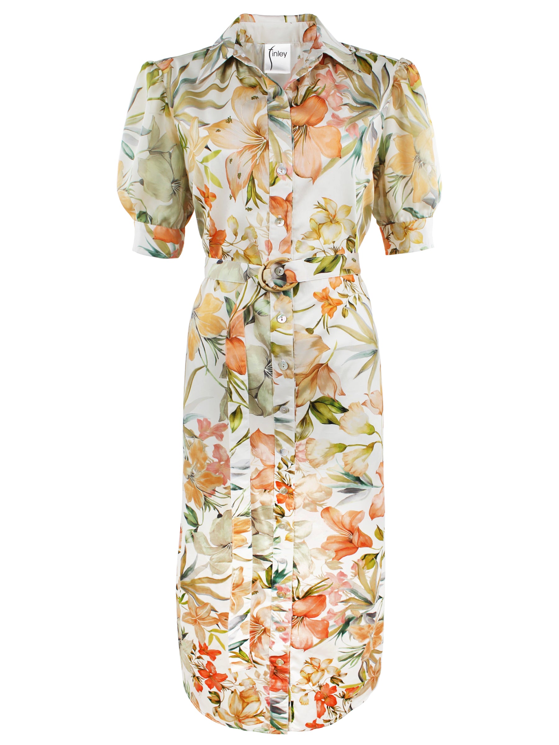 Front view of Finley Meredith floral print shirt dress with V neckline, button front, and elbow puff sleeves.
