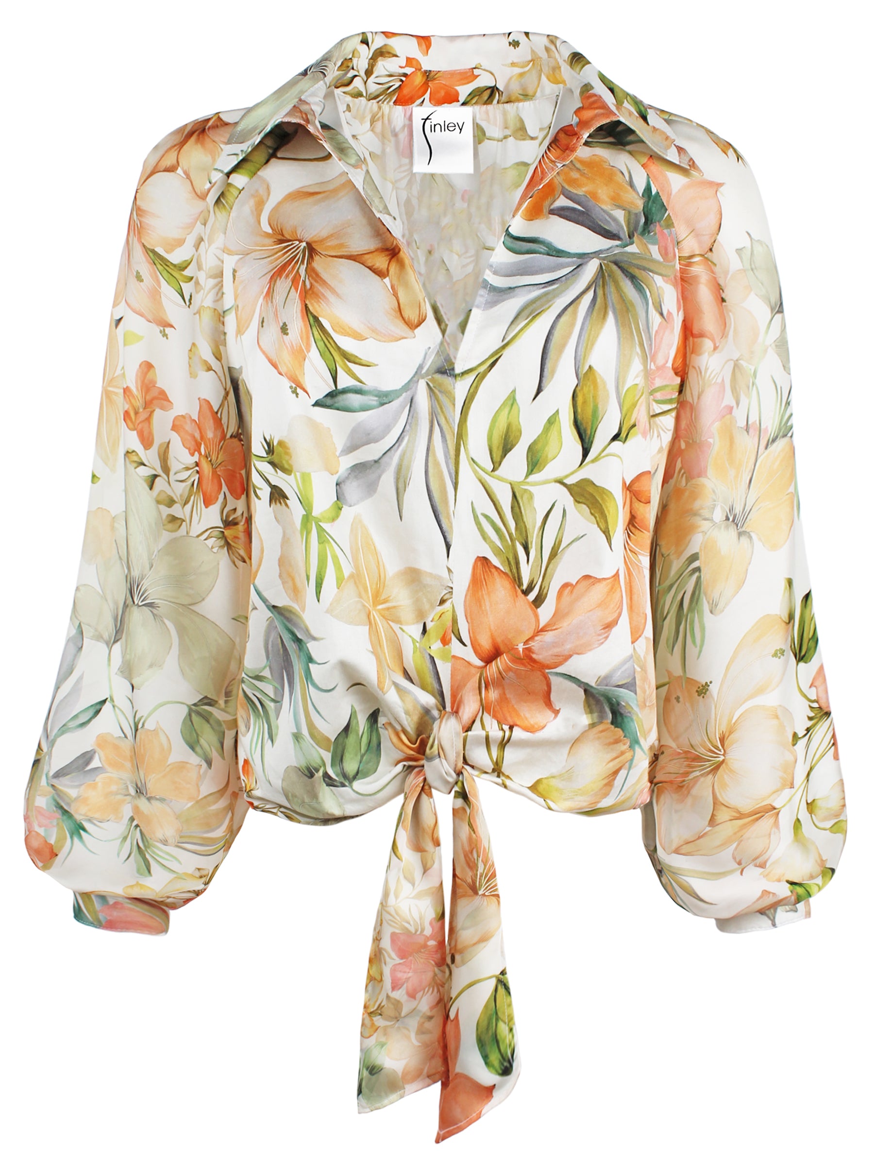Front view of Finley Paloma floral print blouse with V-neck and spread collar. Tie at the waist, raglan sleeves.
