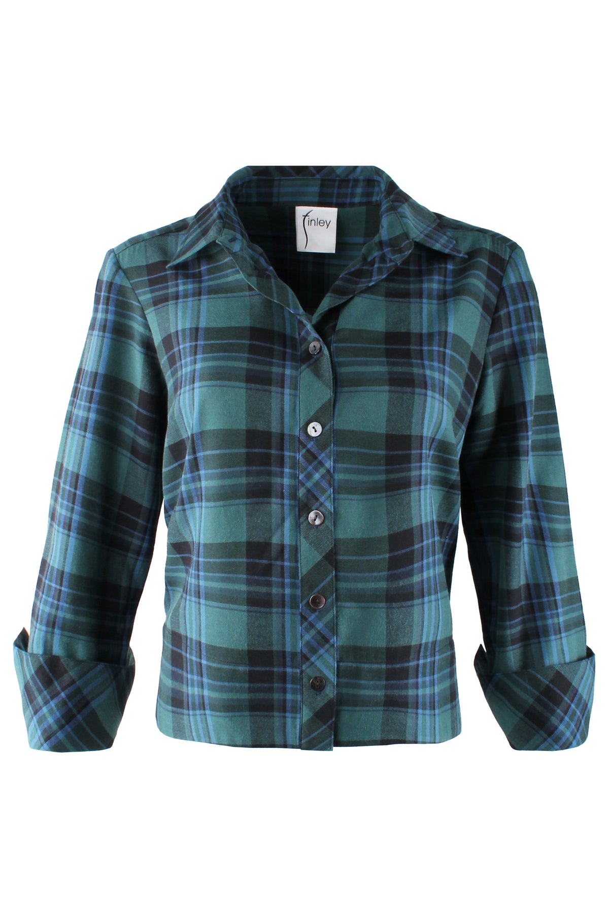 Eugenie Bow Back Shirt Teal Brushed Plaid