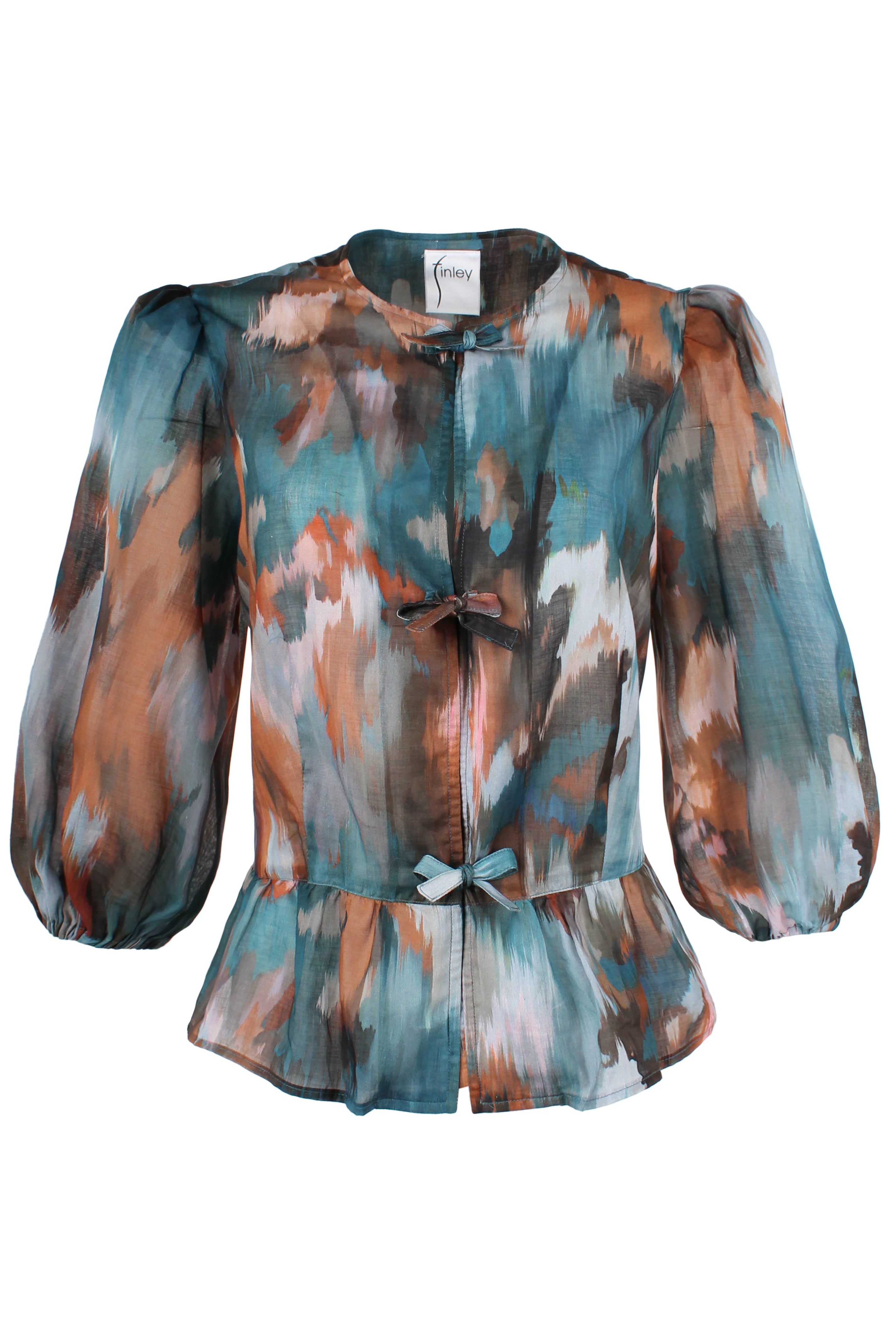 Multicolored green and orange autumn floral blouse with a tie detail on a white background