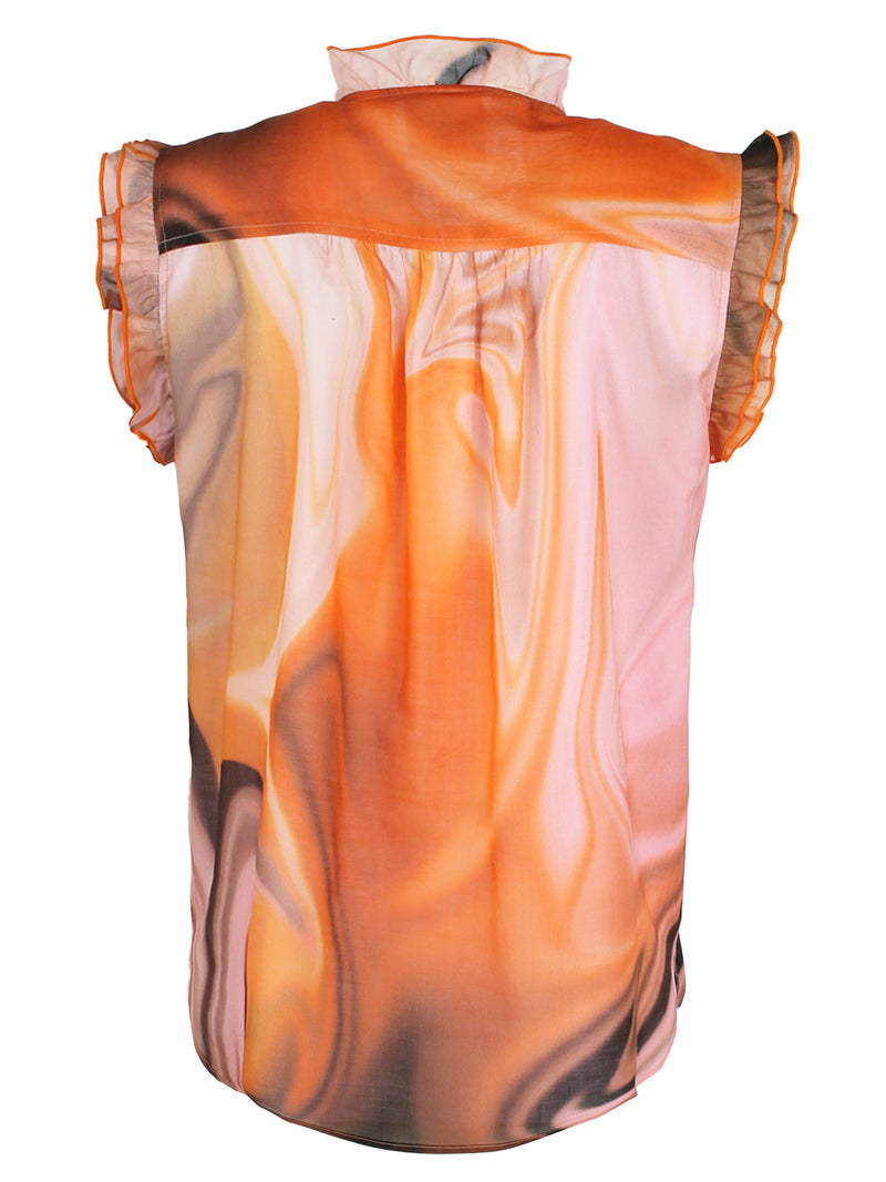 A rear view of the Finley Byrdee shirt, an orange-brown print cotton voile sleeveless ruffle blouse.