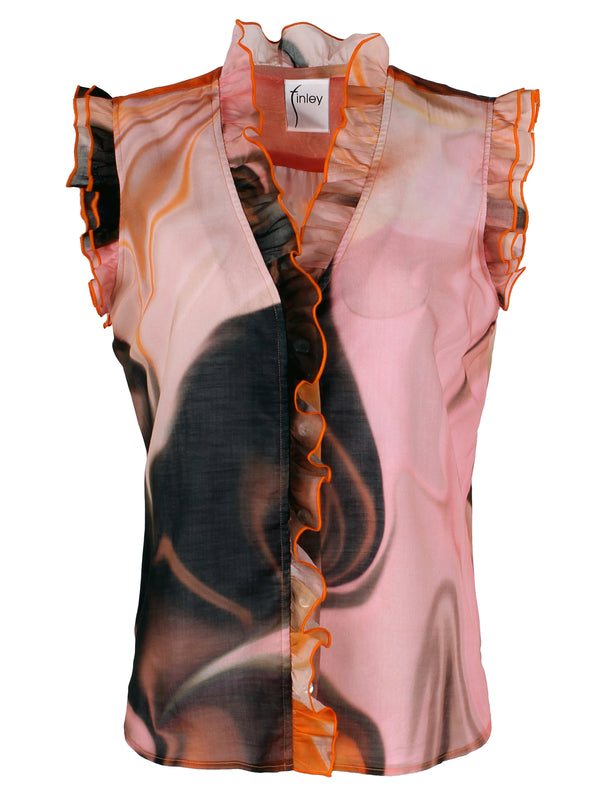 A front view of the Finley Byrdee shirt, an orange-brown print cotton voile sleeveless ruffle blouse.