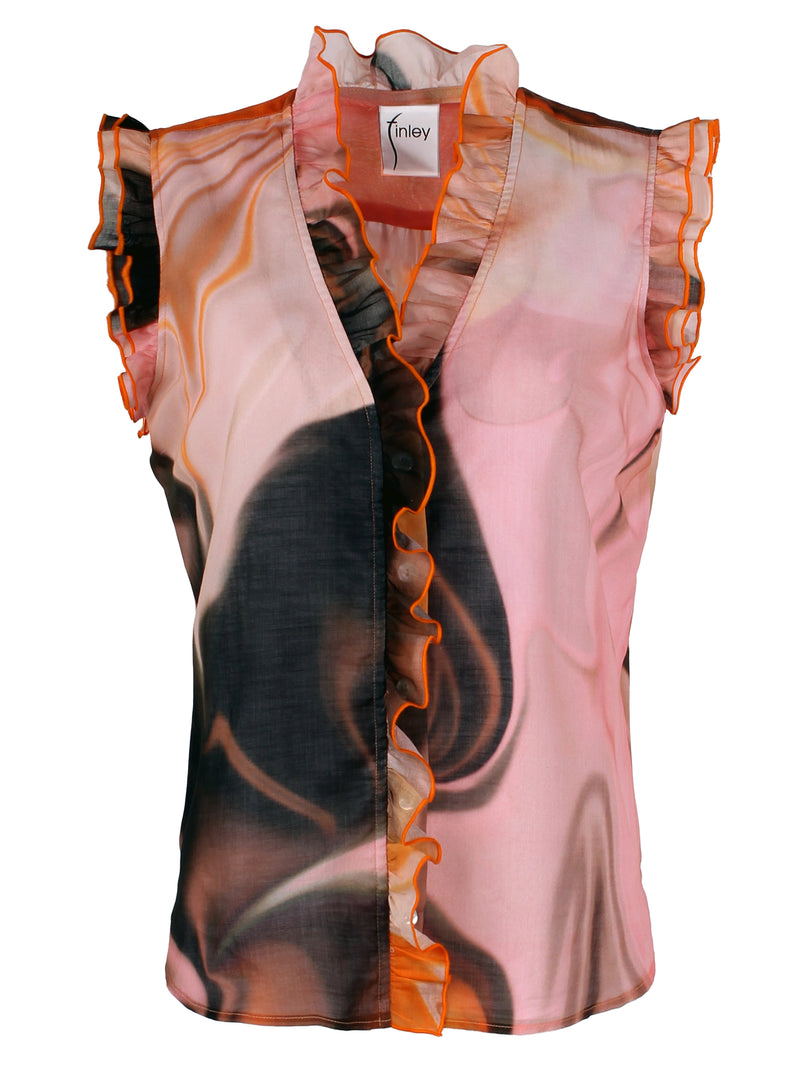 A front view of the Finley Byrdee shirt, an orange-brown print cotton voile sleeveless ruffle blouse.