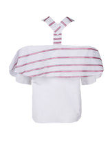 The Finley Cascade top, a white popover blouse with flounce detailing, embroidered ribbon stripes, and a casual relaxed fit.