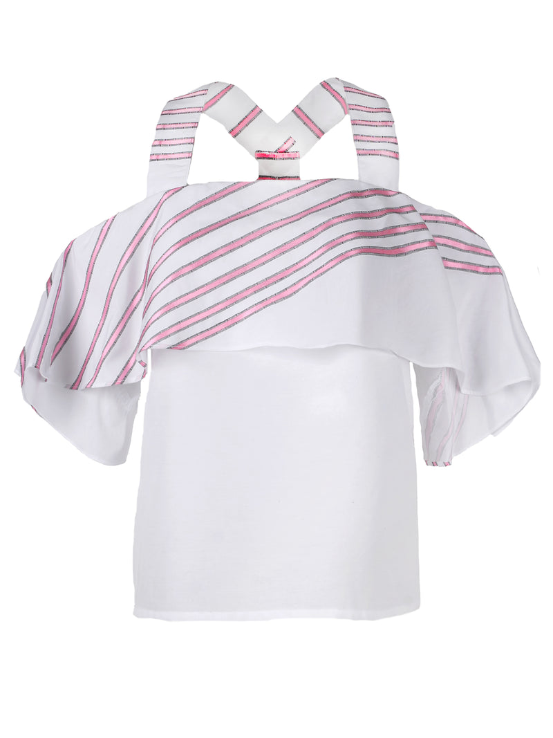 The Finley Cascade top, a white popover blouse with flounce detailing, embroidered ribbon stripes, and a casual relaxed fit.