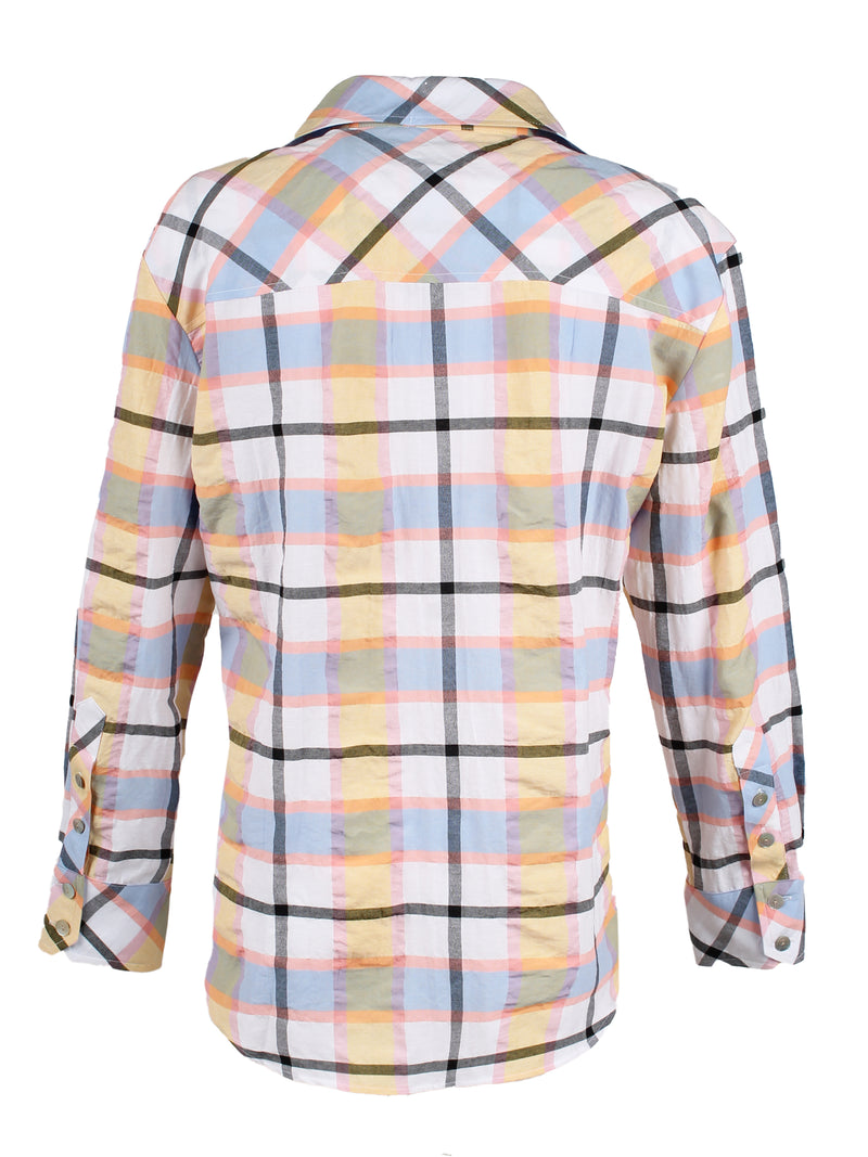 The Finley Casey blouse, a blue & yellow summer plaid button-down casual womens blouse.