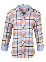 The Finley Casey blouse, a blue & yellow summer plaid button-down casual womens blouse.