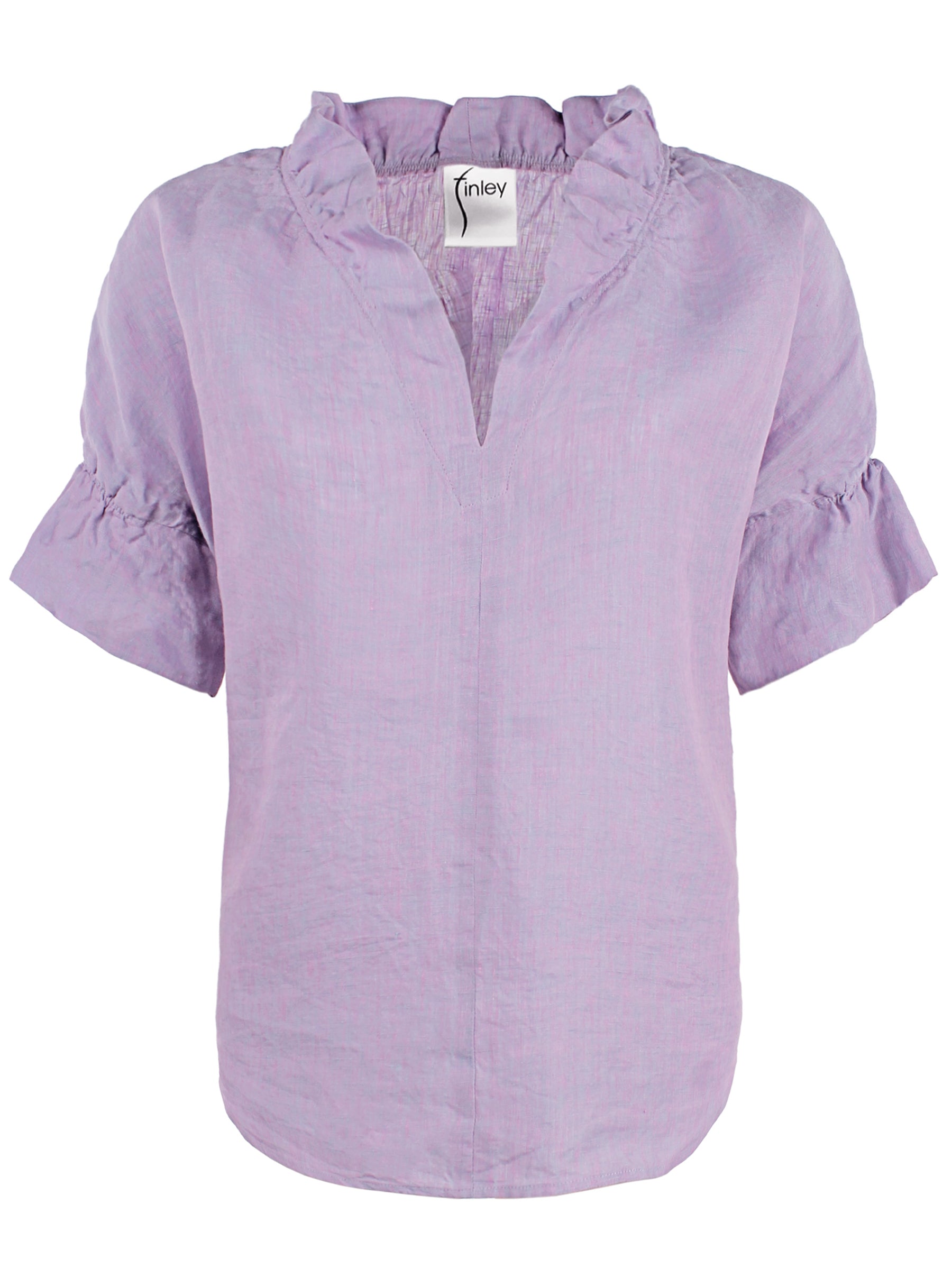 a front view of the Finley Crosby blouse with a popover design, washed linen fabric, lilac color, and ruffle collar & sleeve detail.
