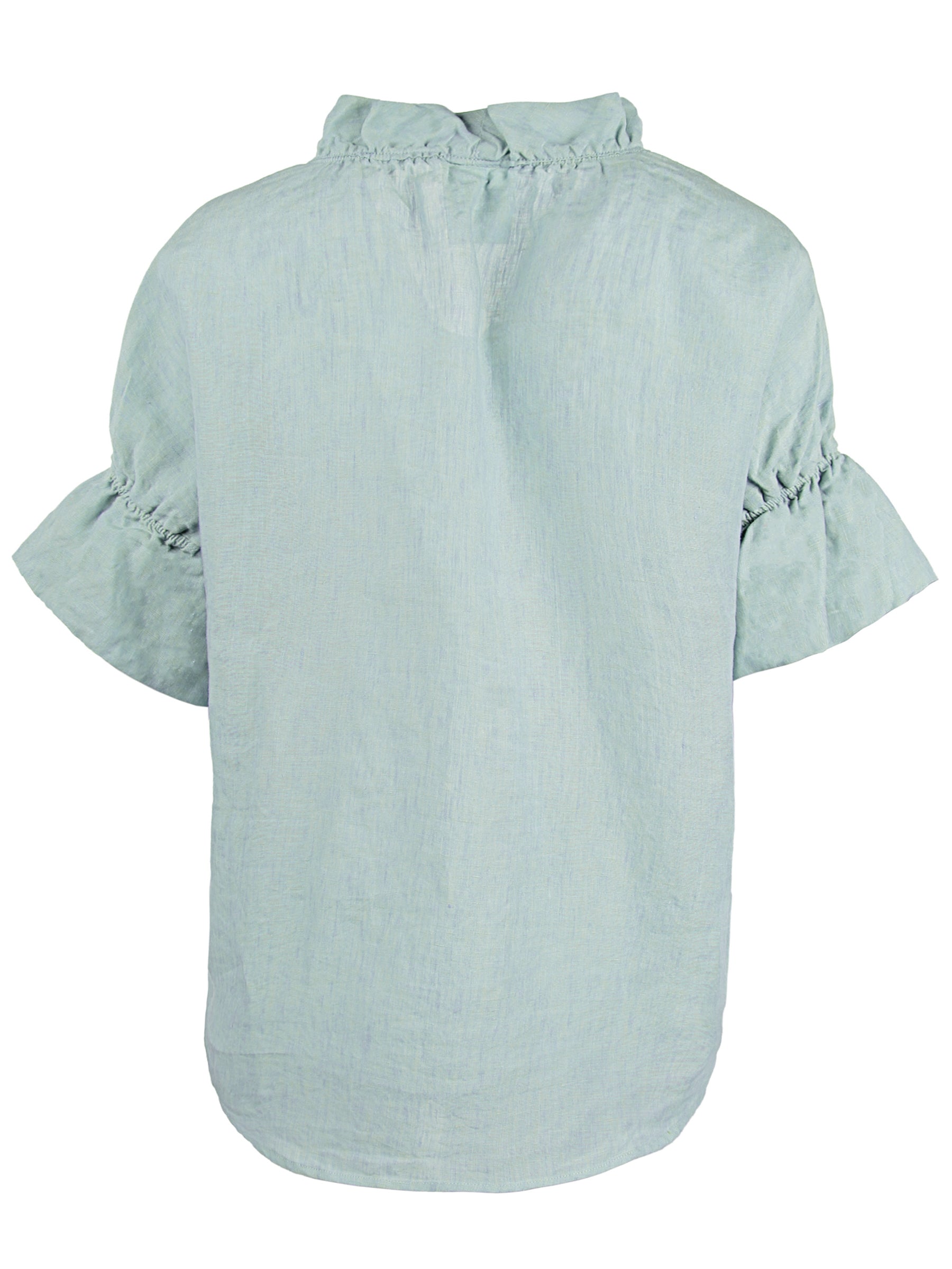 a back view of the Finley Crosby blouse with a popover design, washed linen fabric, seaglass green color, and ruffle collar & sleeve detail.

