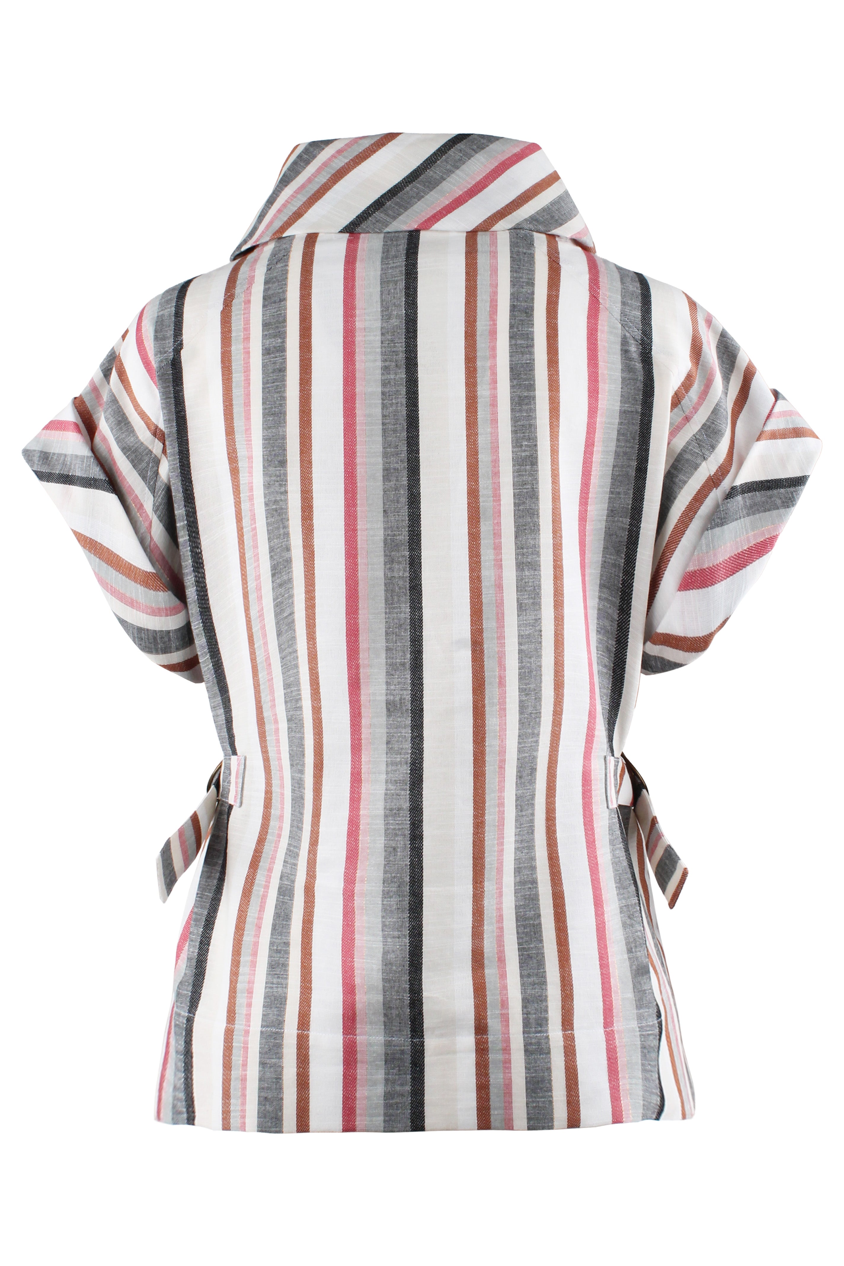 A striped short-sleeve collared shirt shown from the back, featuring vertical stripes in white, gray, brown, and pink on a plain white background.