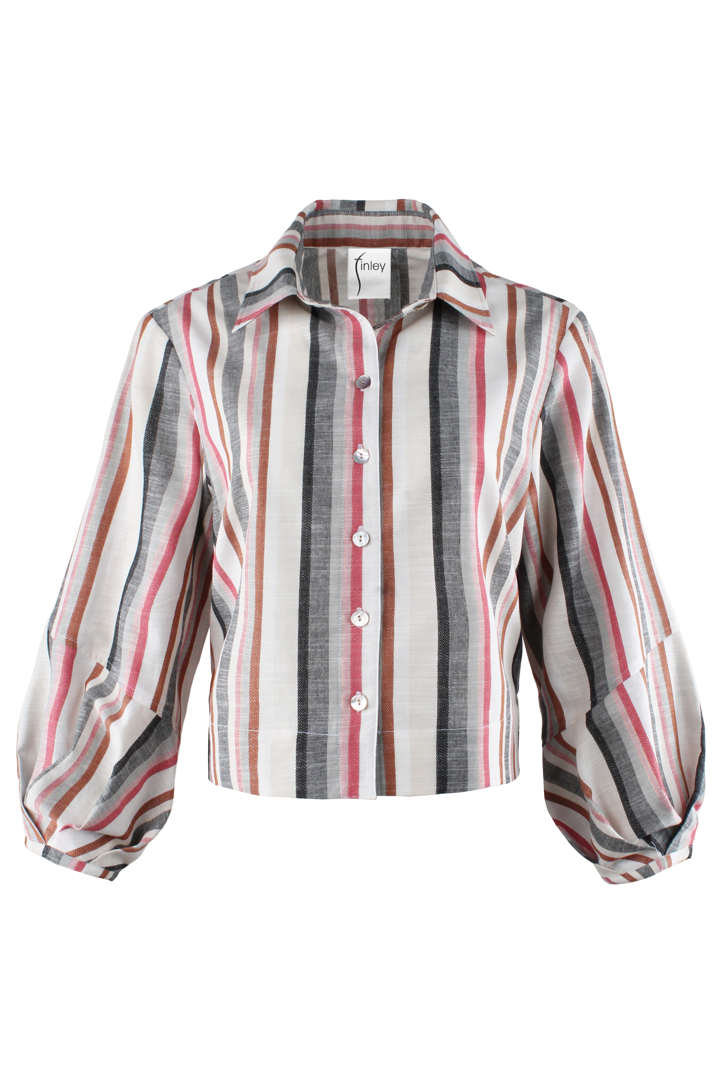 Emmy, Pleated Cuff Cropped Poplin Shirt, Charcoal Sparkle Stripe
