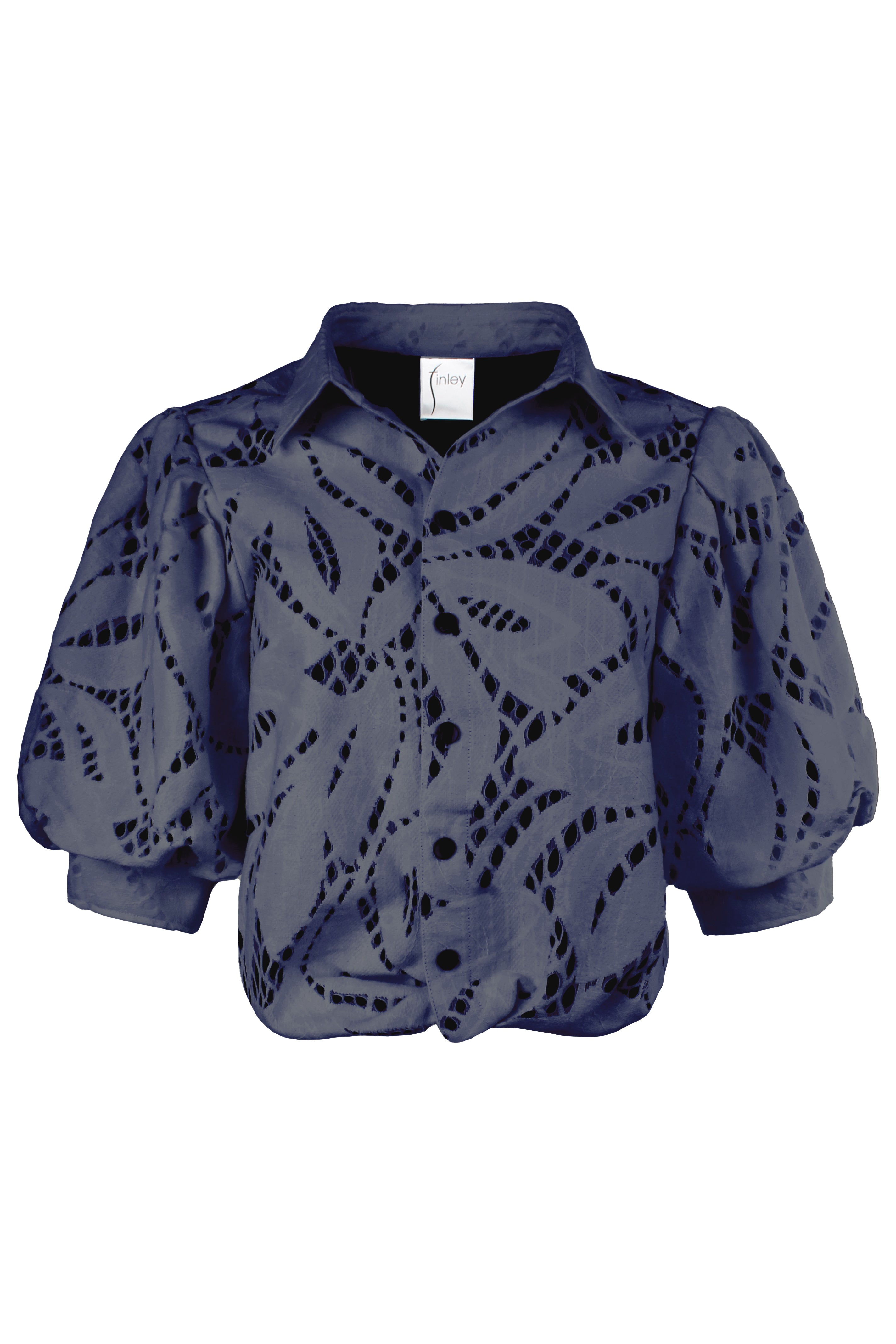 Bomba | Twist-Hem Puff Sleeve Chunky Lace Poplin Shirt, Navy