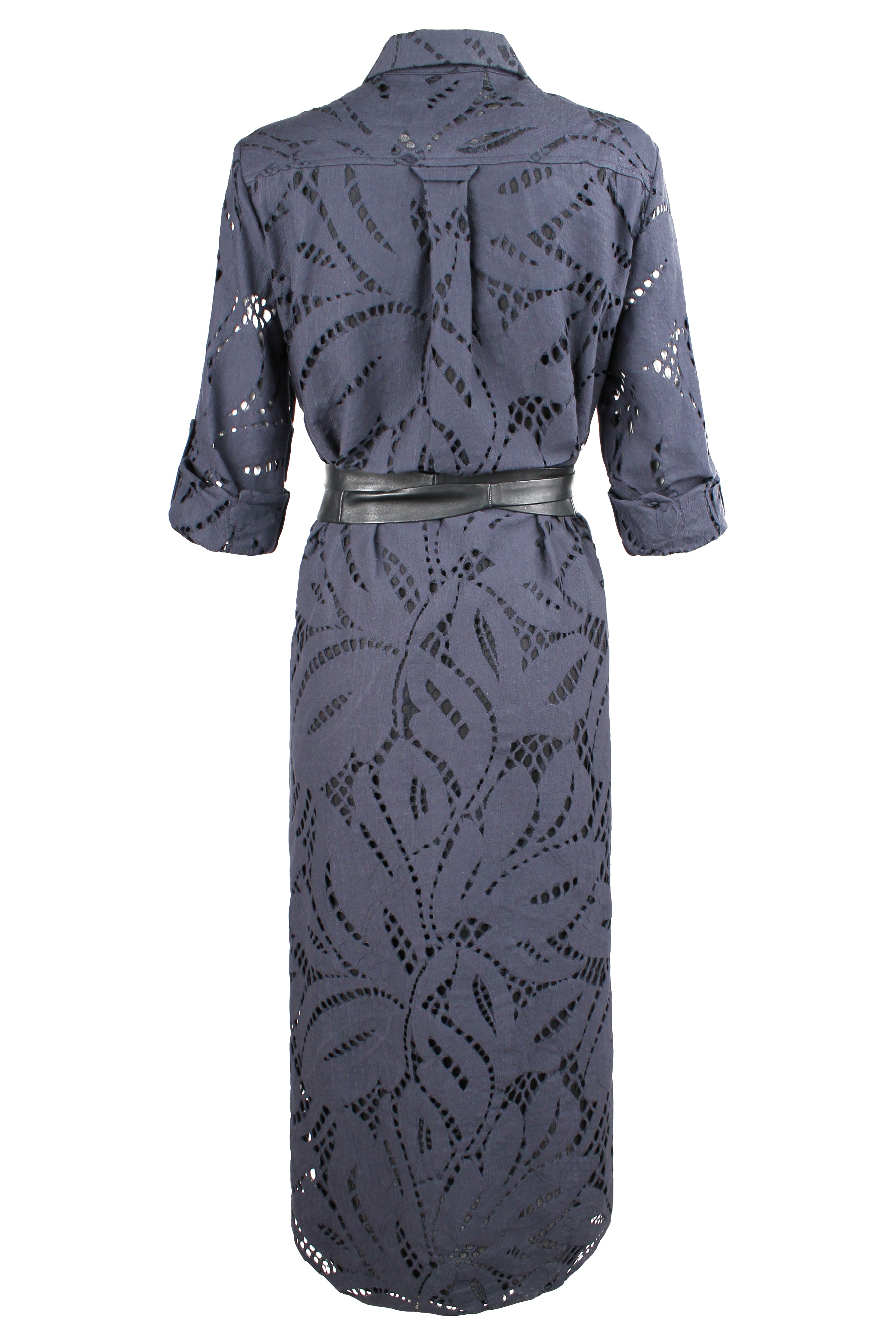 Blue patterned dress with a belt on a white background