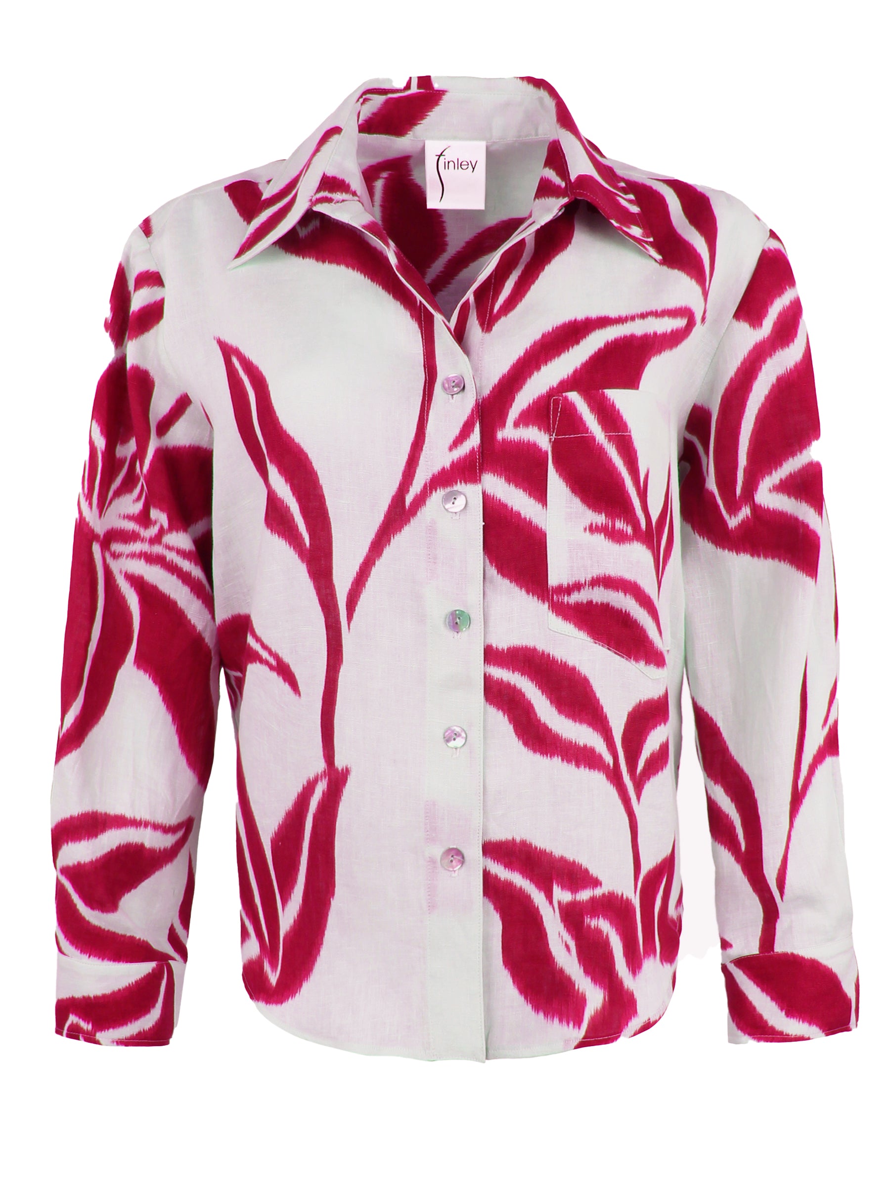 A front view of the Andie crop blouse, featuring a crop length design with long sleeves, a point collar, and raspberry floral batik linen.
