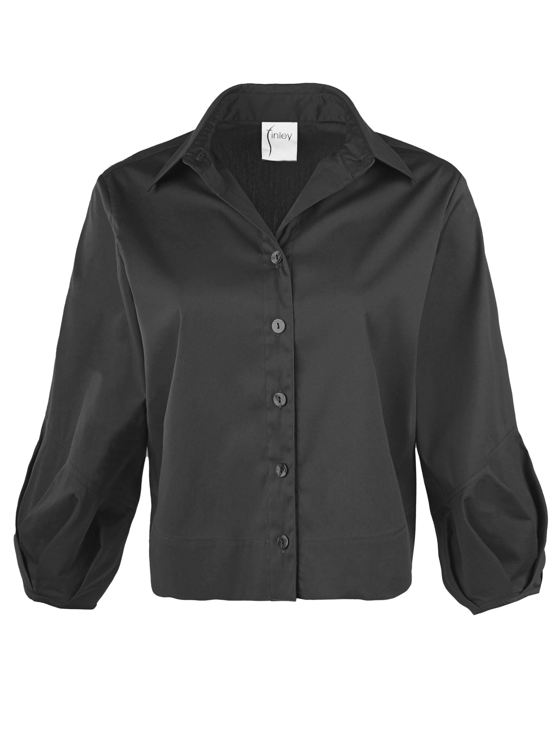 Emmy, Pleated Cuff Cropped Poplin Shirt, Black Silky Poplin