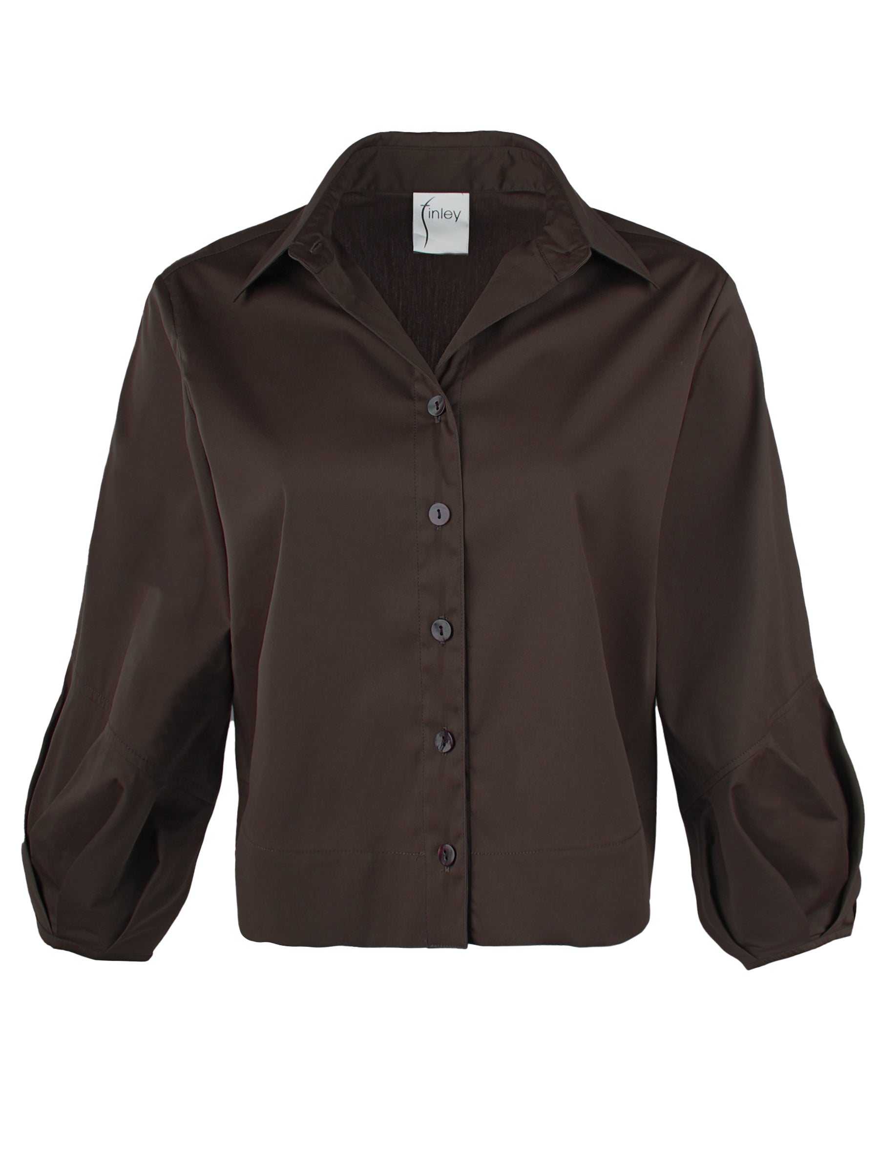 Emmy, Pleated Cuff Cropped Poplin Shirt, Chocolate Brown Silky Poplin