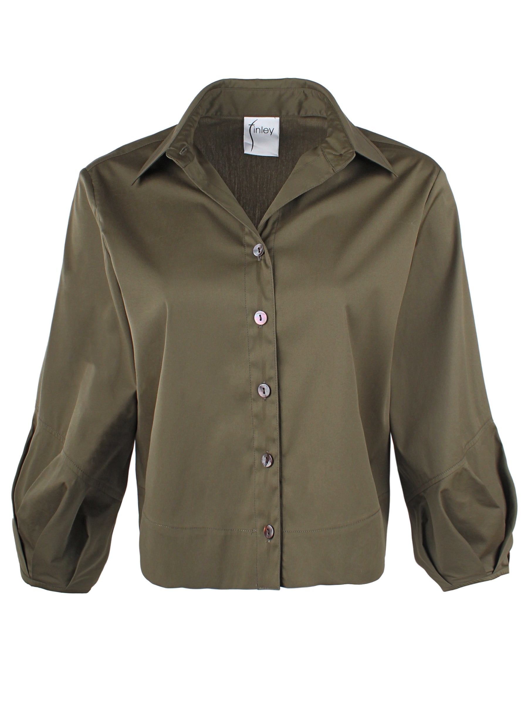 Emmy, Pleated Cuff Cropped Poplin Shirt, Olive Silky Poplin