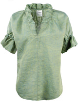 A front view of the Finley Crosby shirt, a washed linen blouse with ruffle detail in avocado green color.