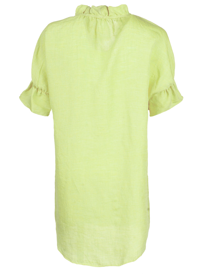 The Finley Crosby shirt dress, a casual washed linen key lime green midi shirtdress with short sleeves and a ruffle collar detail.