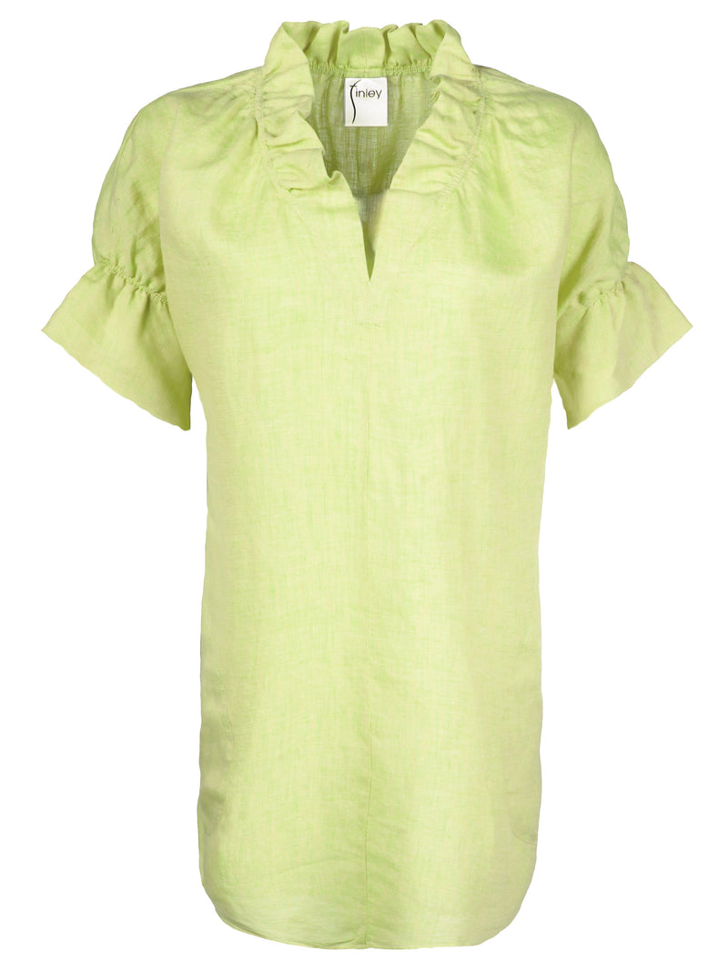 The Finley Crosby shirt dress, a casual washed linen key lime green midi shirtdress with short sleeves and a ruffle collar.