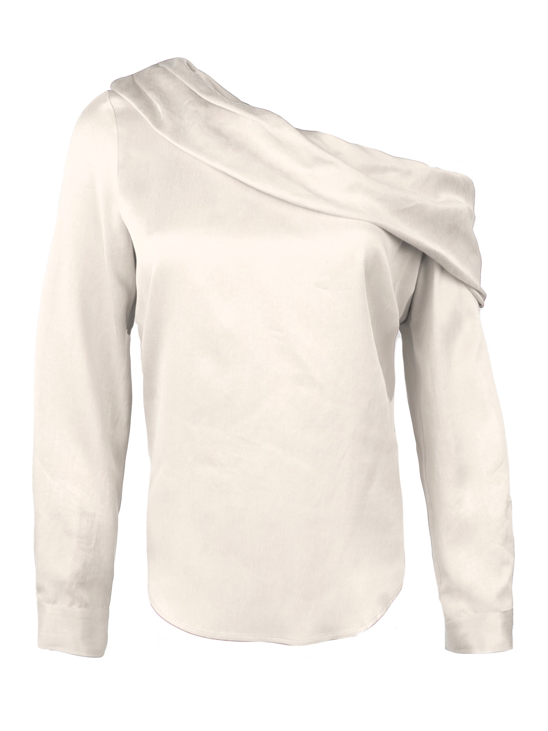 A front view of the Dani shirt, featuring long sleeves, an off-shoulder foldover neckline, cupro cotton fabric in flame red, and a relaxed shape.

