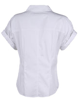 The Finley diamond top, a pink and white striped poplin v-neck women's blouse with short sleeves and tailored waist darts.