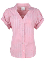 The Finley diamond top, a pink and white striped poplin v-neck women's blouse with short sleeves and tailored waist darts.
