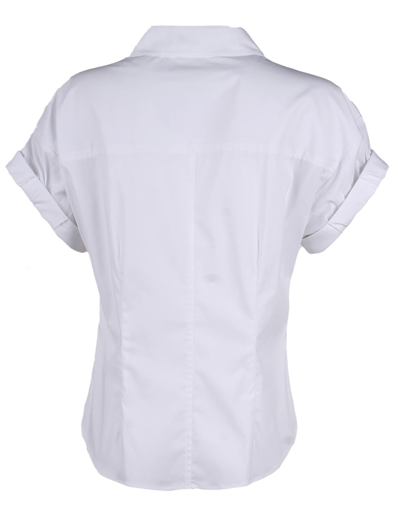The Finley diamond top, a white poplin v-neck women's blouse with short sleeves and tailored waist darts.