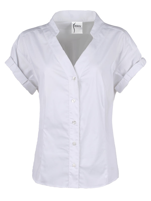 The Finley diamond top, a white poplin v-neck women's blouse with short sleeves and tailored waist darts.