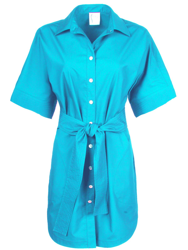 A front view of the Finley Dolman dress, a turquoise short-sleeved button-down shirt dress with a detachable belt.