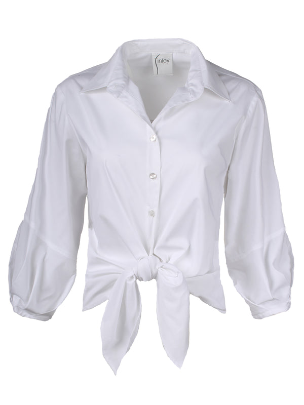 The Finley Emmy blouse, a women's button-down tie-front poplin blouse with a relaxed fit - model front