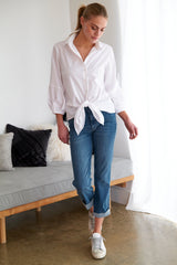 The Finley Emmy blouse, a women's button-down tie-front poplin blouse with a relaxed fit - model front