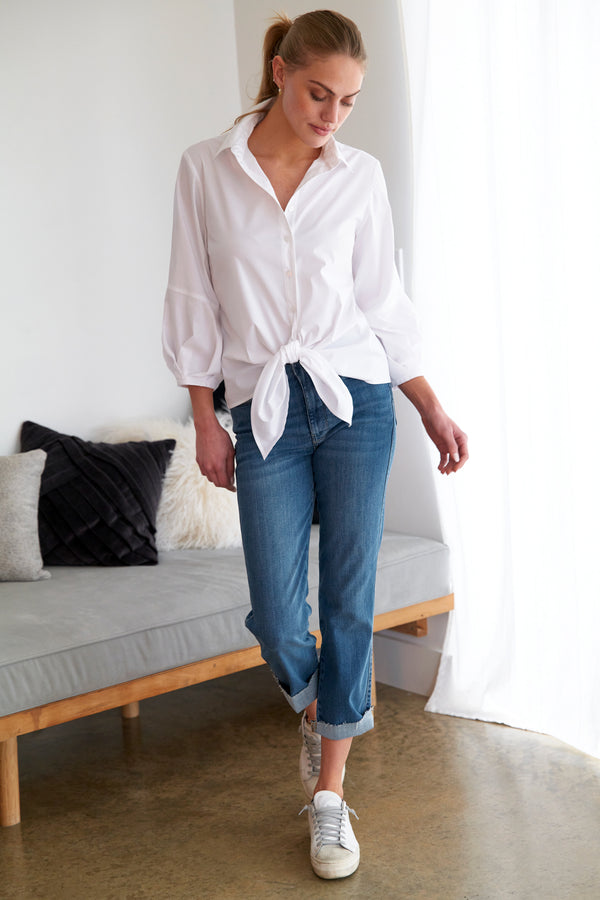 The Finley Emmy blouse, a women's button-down tie-front poplin blouse with a relaxed fit - model front