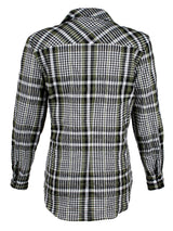 Rear view of the endora blouse, a half-zip tailored stretch poplin shirt in forest green and white plaid.