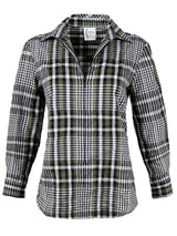 Front view of the endora blouse, a half-zip tailored stretch poplin shirt in forest green and white plaid.