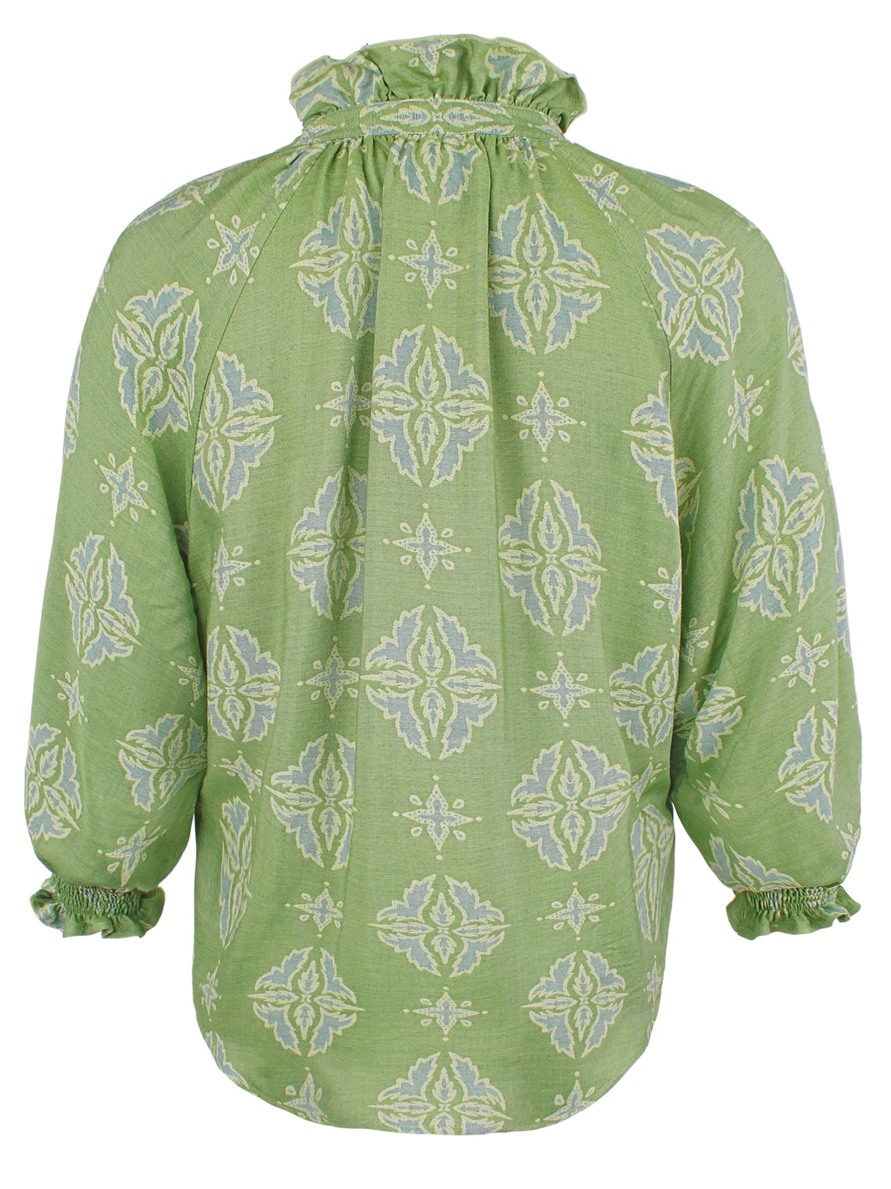 Back view of Finley Fiona jacquard shirt with ruched back, rounded hem, and relaxed fit.